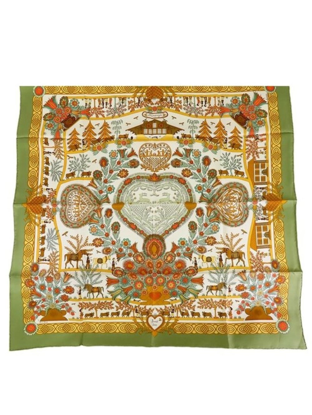 Hermes Carre 90 Green White Silk Decoupage Paper Cutting Scarf